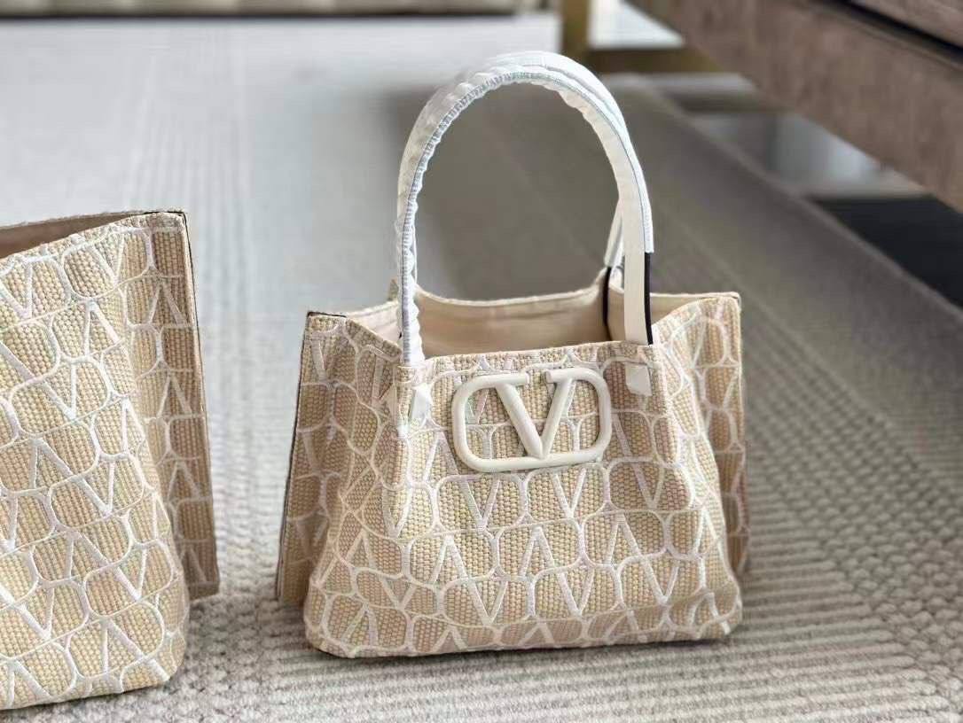 Valentino Garavani Vlogo Leather-trimmed Raffia-jacquard Mini Tote